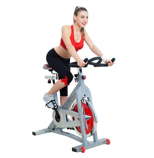 Woman Riding Sunny Health & Fitness Pro Indoor Cycling Bike